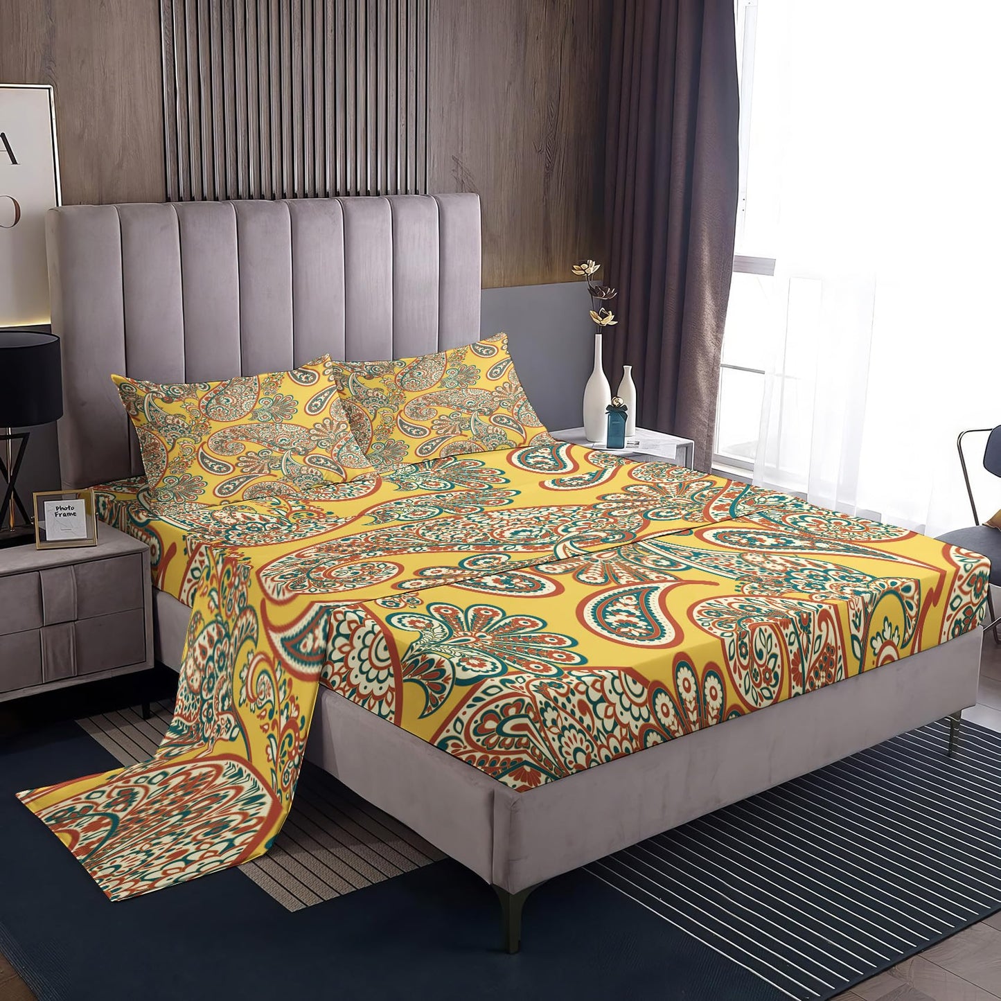 NOGAWA Yellow Paisley Sheets Full Size, Vintage Bohemian Bed Sheets, Boho Bedding Sheets & Pillowcases 4 Piece Set - Microfiber Deep Pocket Fitted Sheet & Flat Sheet & 2 Pillow Cases