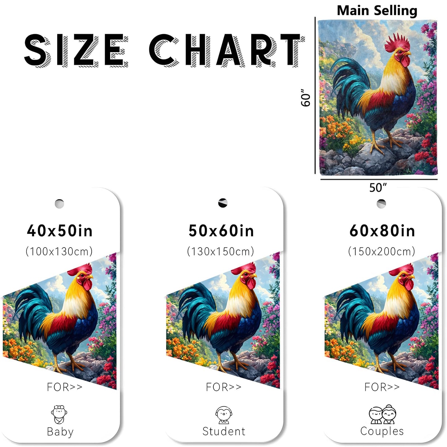 wyxdwh Majestic Rooster Blanket, Cozy Flannel Vibrant Rustic Chicken Throw Blanket for Couch Outdoor, Plush Soft Lightweight Travel Blankets for Bed Decor and Gifts, for Women Kids Adults 50"x60"