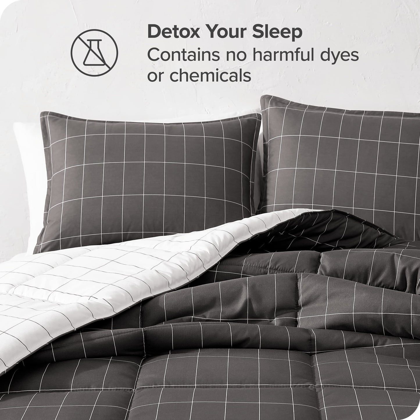 Bare Home Bed-in-A-Bag 7 Piece Comforter & Sheet Set - Queen - Goose Down Alternative - Ultra-Soft 1800 Premium Bedding Set (Queen, Grid - Grey/White Comforter Set, White Sheet Set)