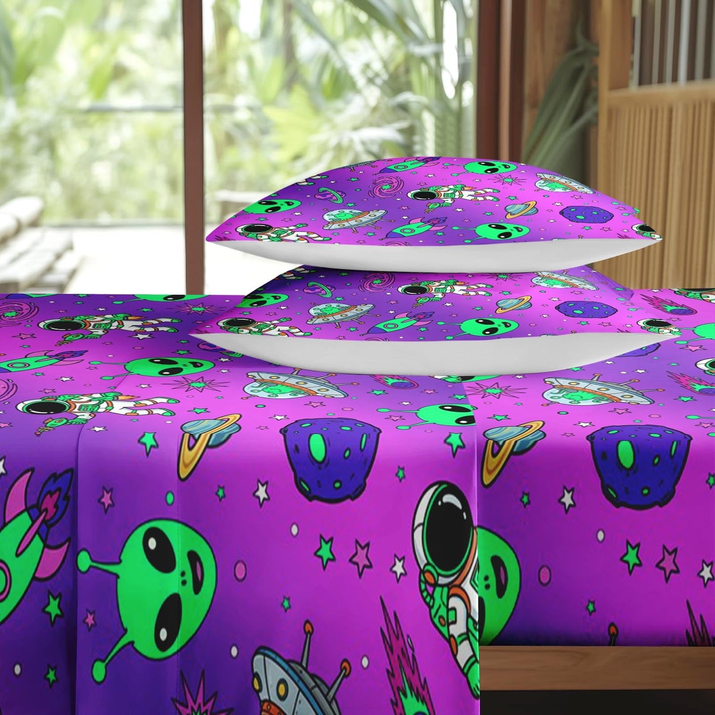 Pamnest Full Size Bed Sheet Sets, Alien Space Soft Microfiber 4 Pcs Bedding Sets for Kids and Adults Bedroom Bed Decor, Moon Neon Science Flat, Fitted Sheet and 2 Pillowcases