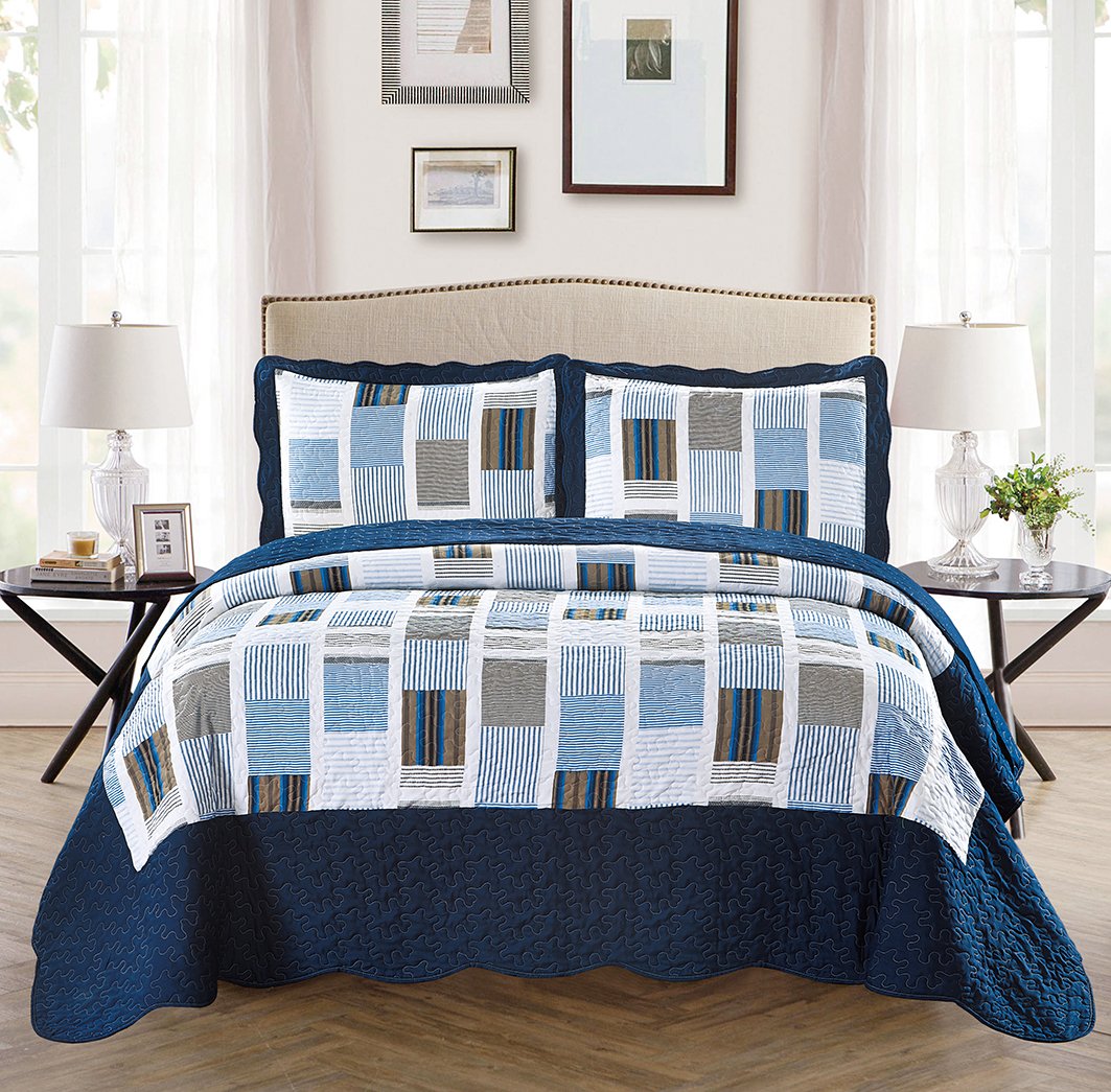 Fancy Collection 3pc Bedspread Bed Cover White Navy Squares King/California King Over Size 118"x106" New