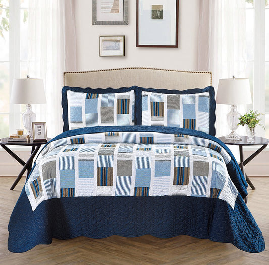 Fancy Collection 3pc Bedspread Bed Cover White Navy Squares King/California King Over Size 118"x106" New