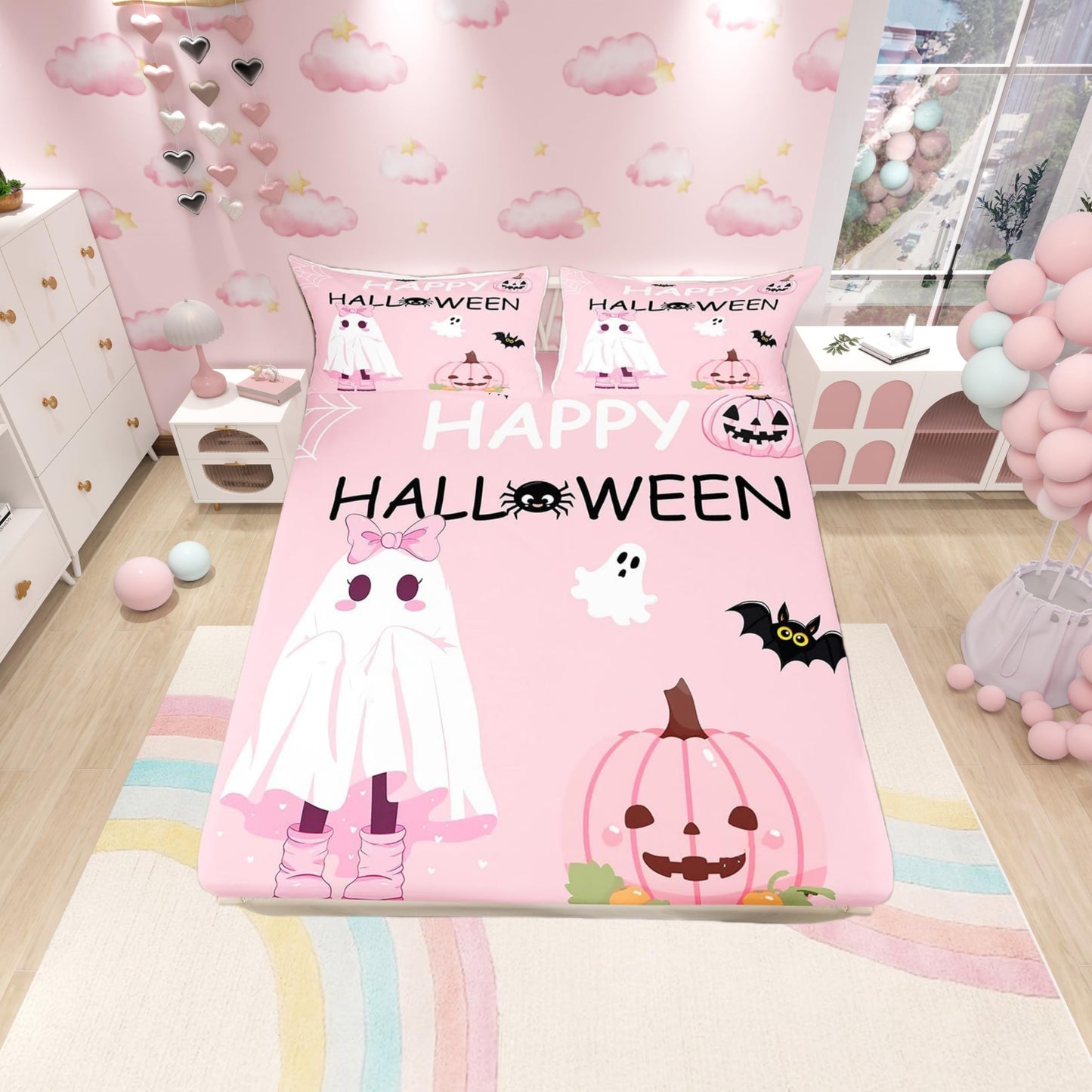 Pumpkin Bat Pink Fitted Sheet Set with 2 Pillowcase,Cartoon Ghost Microfiber Mattress Cover,Girly Halloween Bed Cover Queen Size(No Flat Sheet)