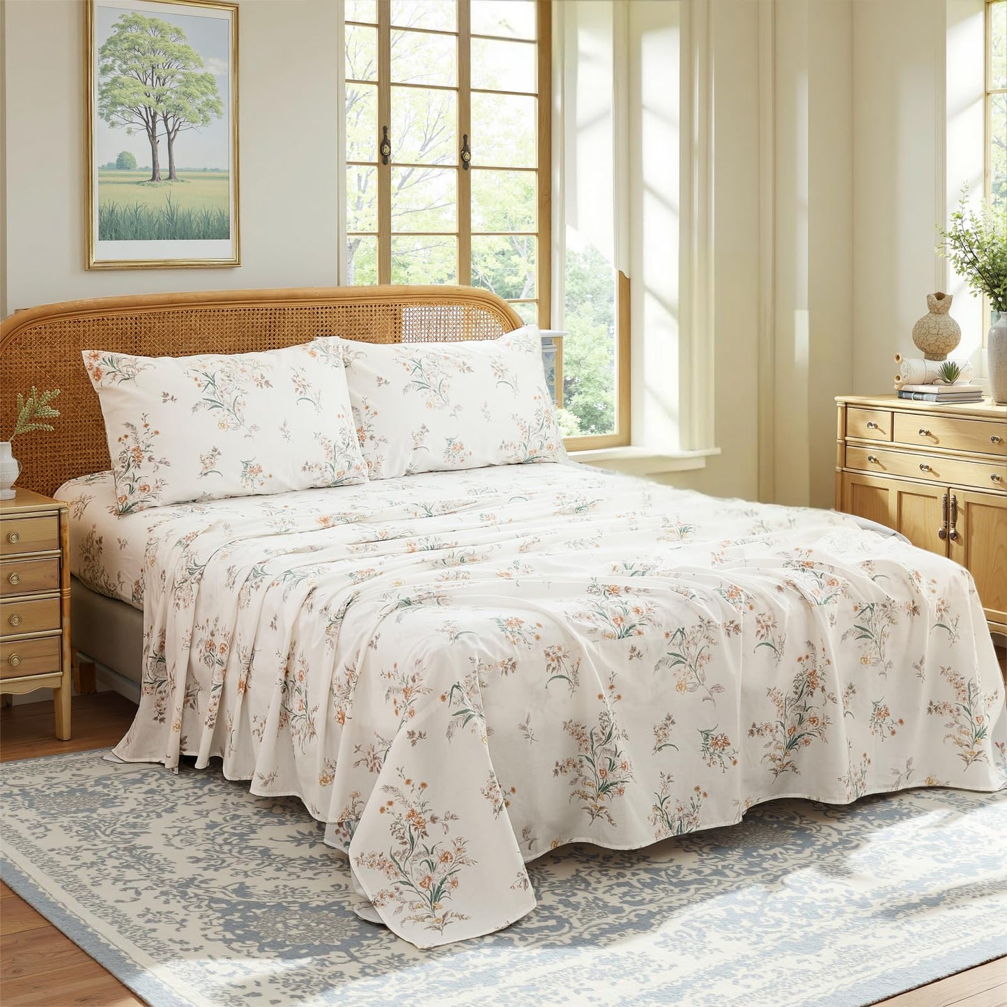 Cozaline 100% Cotton Sheet Set King Size – 4-Piece Shabby Chic Floral Bedding Set, Soft Breathable Percale Weave, Deep Pocket Fitted Sheet 17.5", Crisp Cool Feel, Refined Botanical Elegance