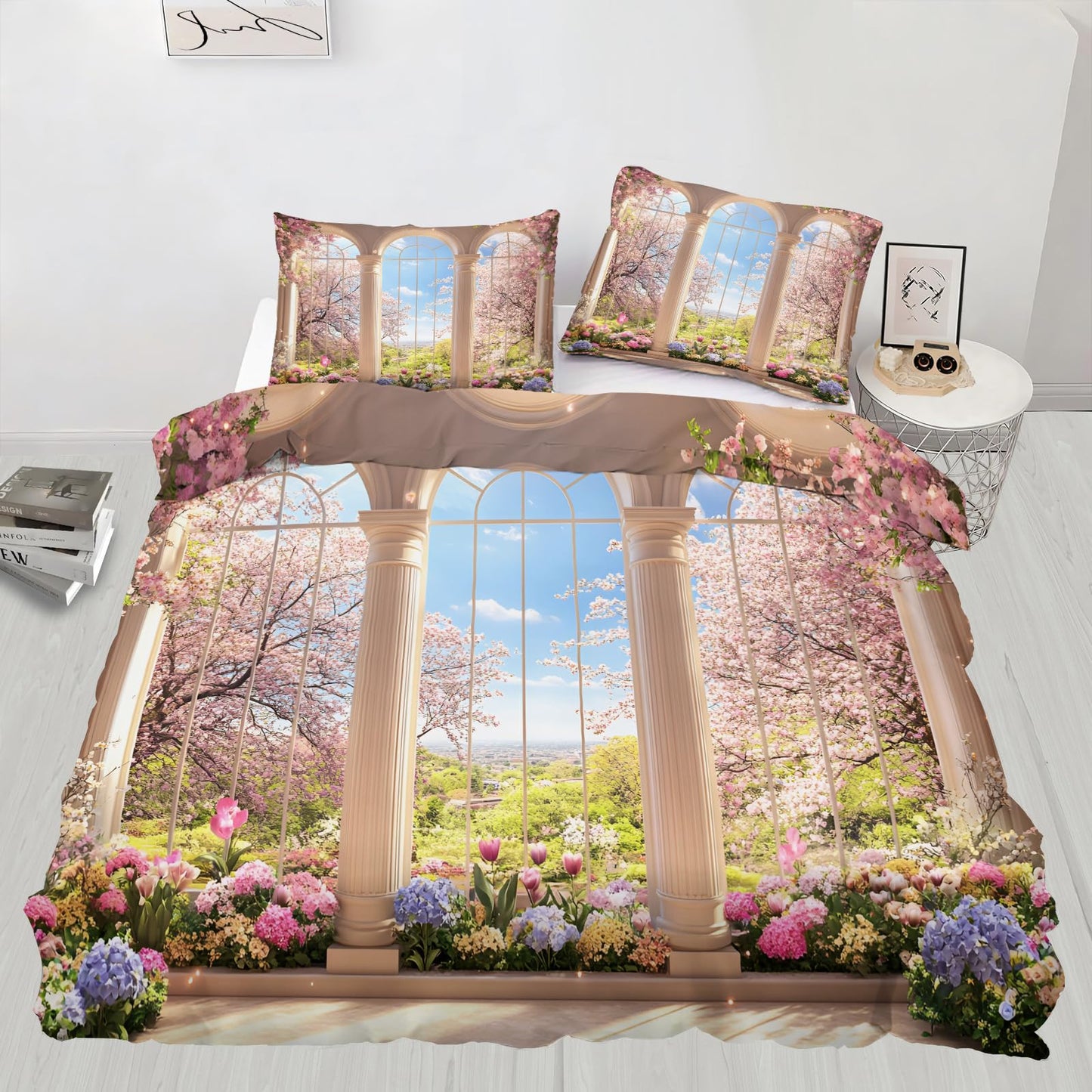 GKPLY Arched Garden Comforter Cover, Cherry Blossom Duvet Cover Set, Romantic Floral Bedding & Home Decor, Zipper & Ties, Elegant Palace Comforter Set & 2 Pillow Cases, California King