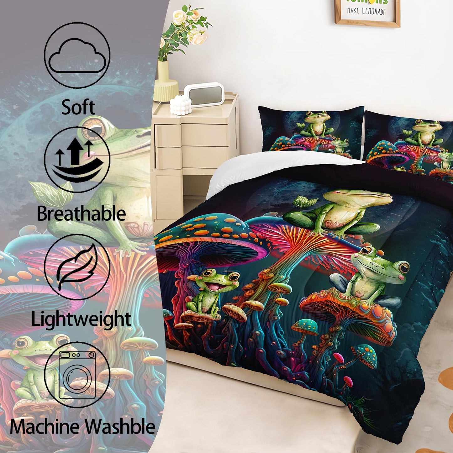 AILONEN Frog Comforter Set Queen Size,Fantasy Magic Mushroom Frog Kids Bedding Set for Boys Girls,Green Wild Animals Duvet Set 3 Pieces, 1 Quilt and 2 Pillowcases, All Season