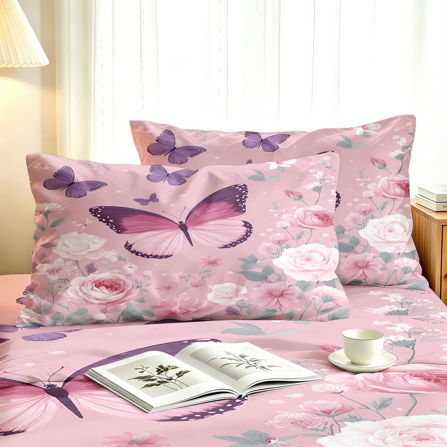 Pink Rose Bedding Set 4 Pcs Girls Butterfly Queen Sheets