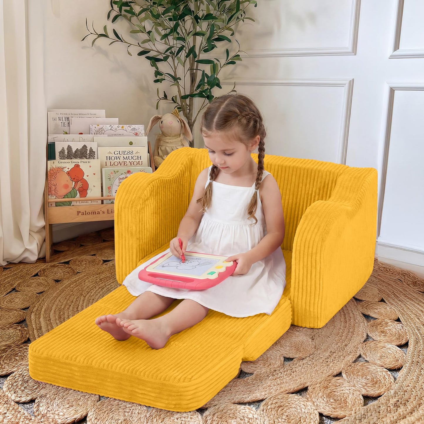 MeMoreCool Kids Couch, 2-in-1 Corduroy Kids Couch Fold Out to Recliner, Comfy Kids Chair for Ages 3+, Cushioned Foam Kids Sofa with Washable Cover for Playroom and Bedroom, Mustard Yellow