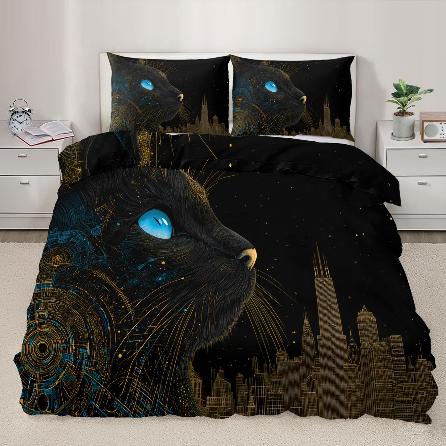 Black Cat Duvet Cover Twin Size Kids, Tech Art City Skyline Bedding Set Bedroom Decorative 3 Pieces Reversible for Teen Adult, Starry Night Sky Comforter Cover Lightweight Soft with 2 Pillowcases