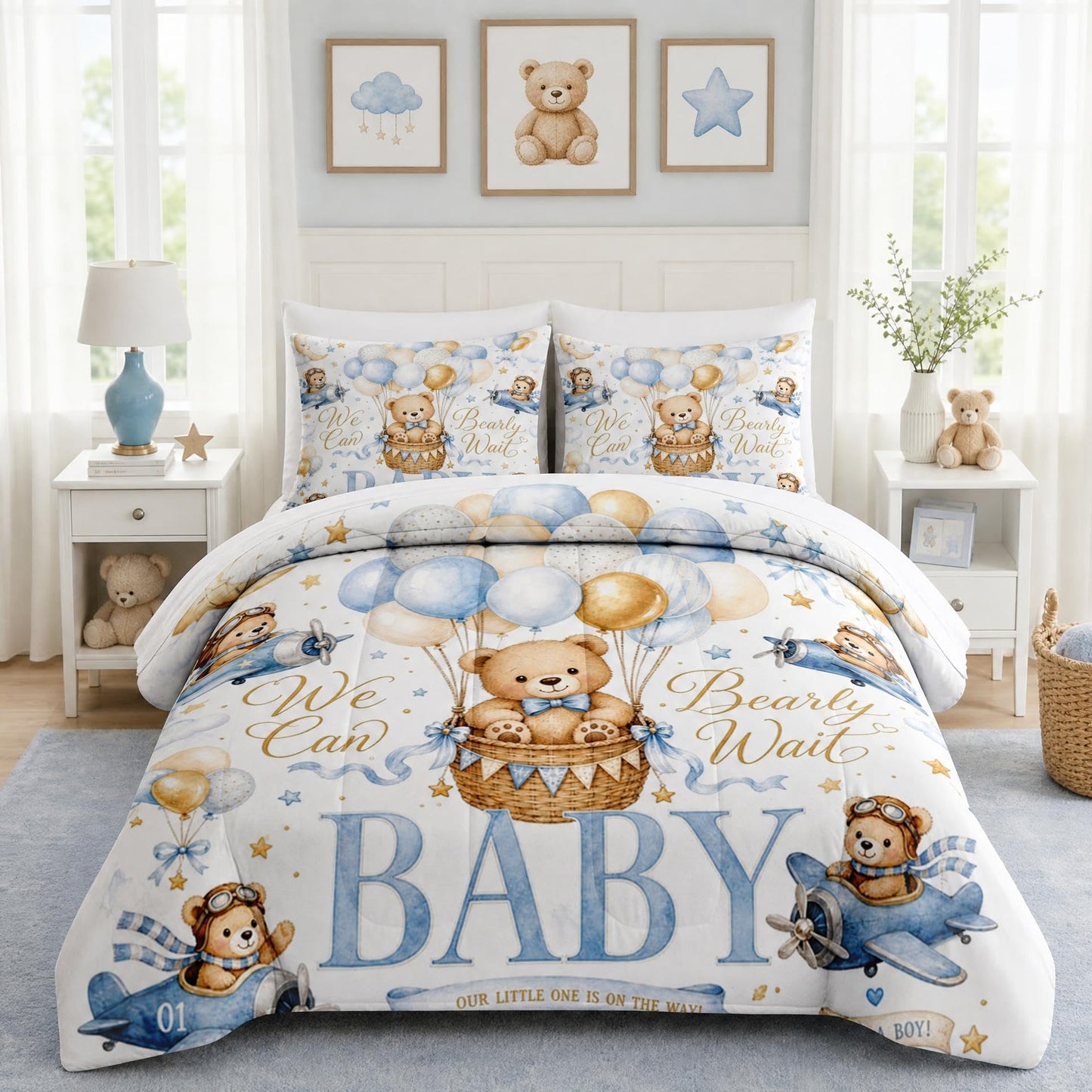 Boewywh Comforter Set Twin Size Bear Blue Star 5 Pcs, Bedding for Kids and Adults, Bed Sheet Sets with Fitted Sheet Pillowcase & Sham for Bedroom Bed Decor