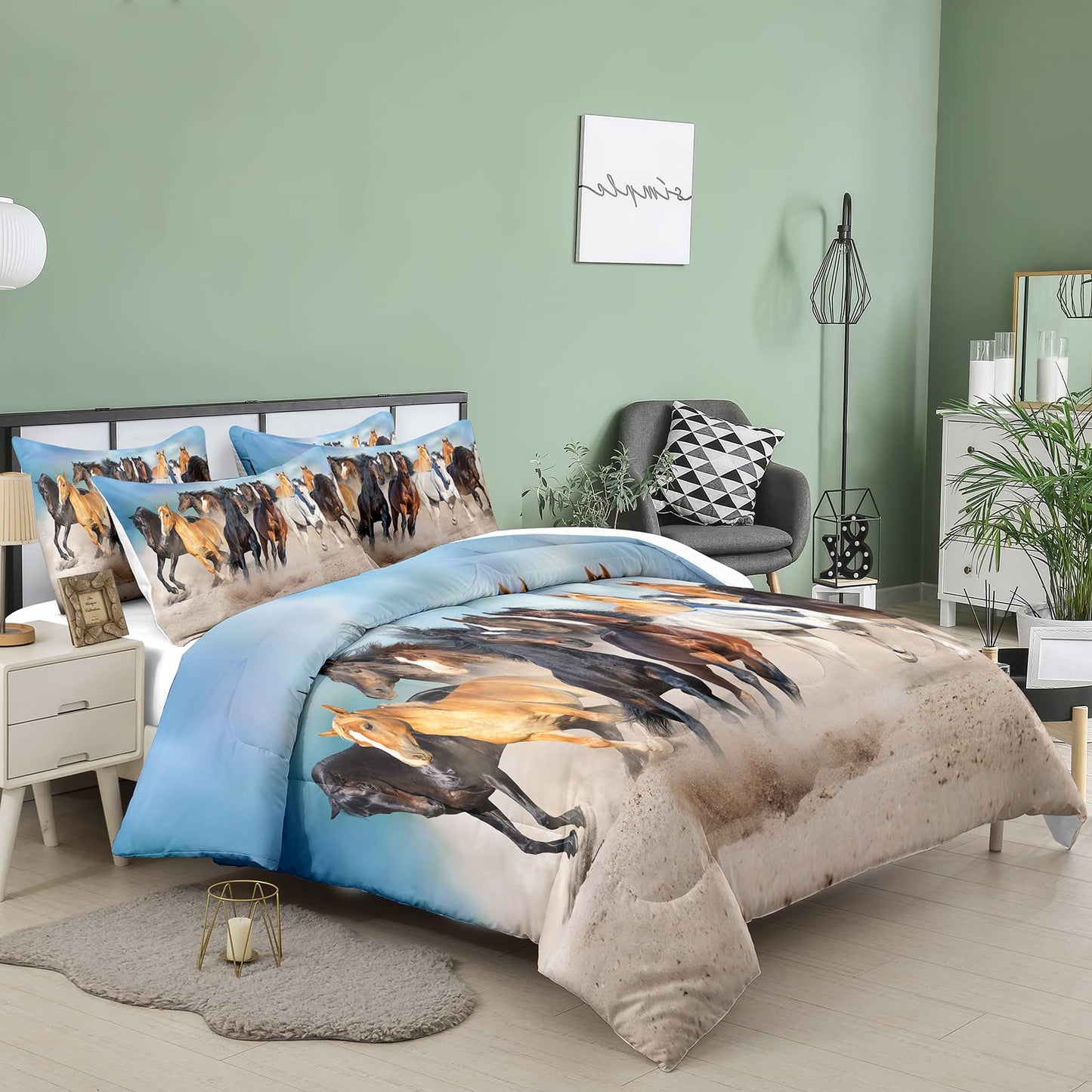Bodhi Horses Comforter Set Queen for Boys Kids Grassl+ Horse Bedding Set 3D Animal Printed Comforter Sets Full Size,1 Comforter + 2 Pillowcases Bedding Set #4002