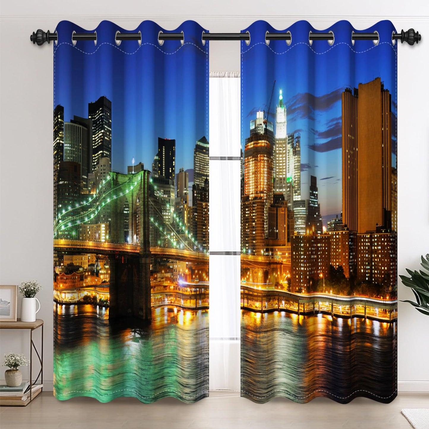 AOFOTO New York City Blackout Window Curtains, Brooklyn Bridge Night Scene Skyscraper Urban Light Long Bedroom Curtains Manhattan Skyline Decorative Grommet Top Window Panels 42x63 Inches, 2 Panels