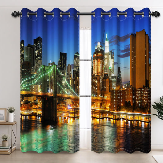 AOFOTO New York City Blackout Window Curtains, Brooklyn Bridge Night Scene Skyscraper Urban Light Long Bedroom Curtains Manhattan Skyline Decorative Grommet Top Window Panels 42x63 Inches, 2 Panels
