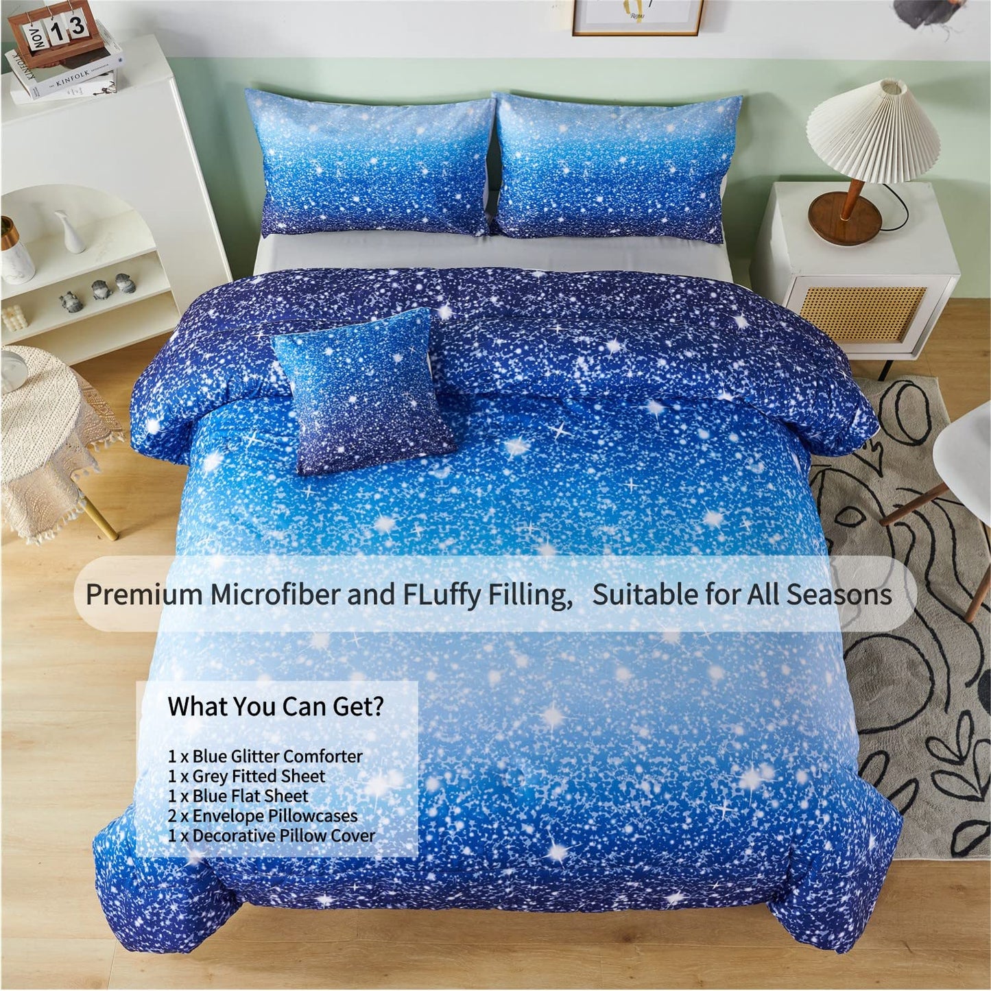 RYNGHIPY 6Pcs Gradient Aqua Blue Navy Ombre Comforter Sets with Sheets Pillowcases, Twin Size Sparkle Glitter Design Comforter Bedding Collections for Kids Boys and Girls