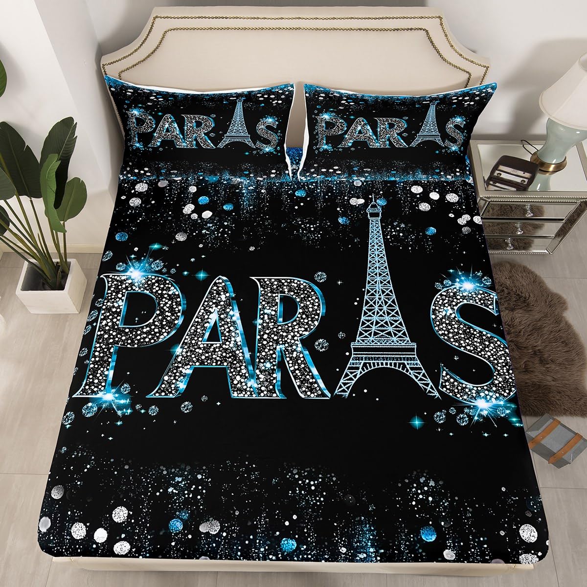 Eiffel Tower Fitted Sheet Full 3 Pcs,Romantic Paris City Sheets Sets Breathable Bedding(No Top Sheet),Blue Glitter Sequins Bed Sheet with Deep Pocket,Modern Fashion Bed Cover