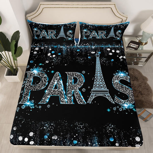 Eiffel Tower Fitted Sheet Full 3 Pcs,Romantic Paris City Sheets Sets Breathable Bedding(No Top Sheet),Blue Glitter Sequins Bed Sheet with Deep Pocket,Modern Fashion Bed Cover