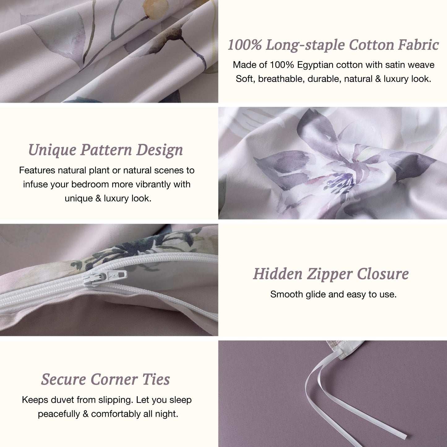 MILDLY 100% Long-Staple Cotton Duvet Cover Set Light Gray Pink Floral Leaf Pattern Printed Comforter Cover 3pcs, Ultra Soft & Breathable Bedding Set