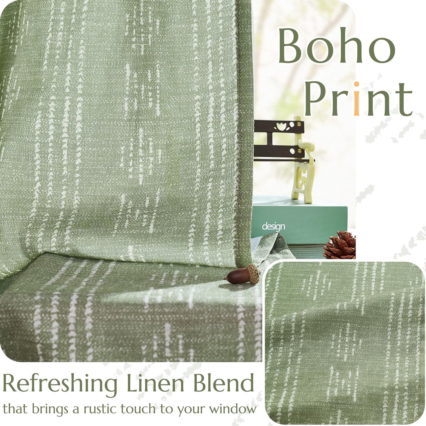 jinchan Boho Curtains Linen for Living Room Farmhouse Sage Green 84 Inch Length 2 Panels Bedroom Geometric Striped Light Filtering Window Drapes Grommet Country Curtains, Boho| Sage, W52 x L84