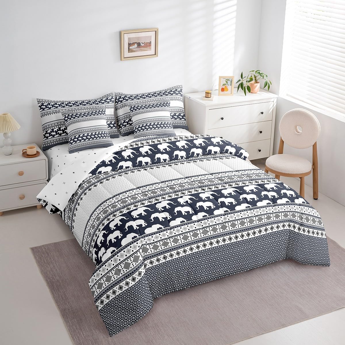 Feelyou Bohemian Elephant 7 Piece Bedding Set Full Size for Kids Boys Girls Teens Toddler Boho Exotic Style Comforter Set with Sheets Navy Blue Stripe Bed in a Bag Ethnic Elephant Print Bed Set