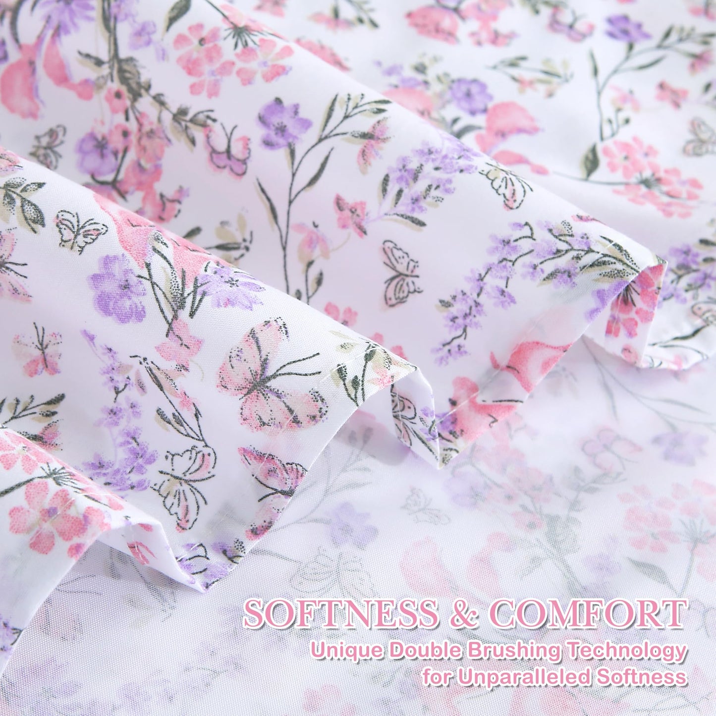 Mooreeke Cozy Vintage Microfiber Printed Queen Sheet Set - Soft Breathable Percale Cotton Floral Bed Sheets with Deep Pocket - Non-Slip Fitted Design - Pink Purple Flowers Pattern