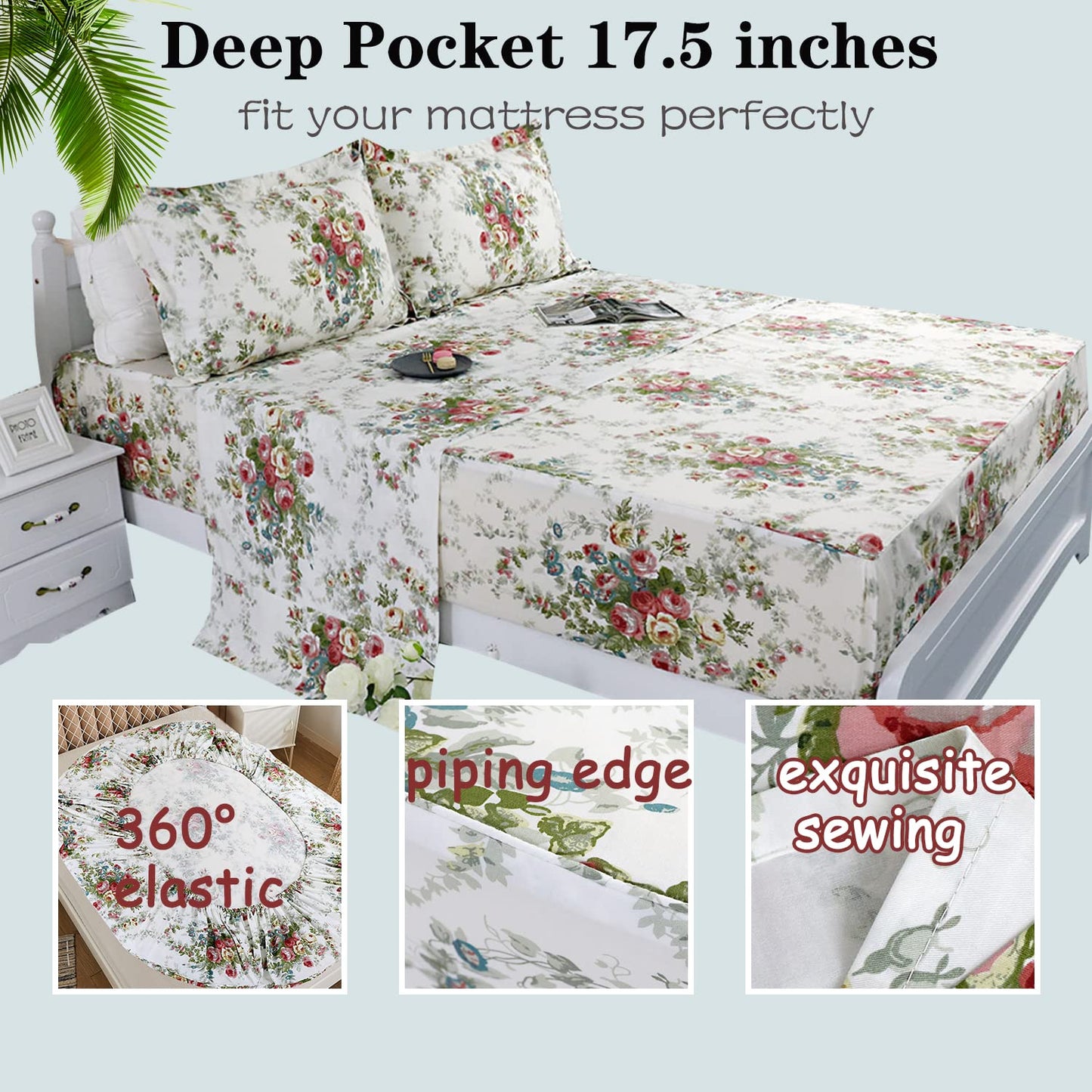 FADFAY Rose Sheets Floral Bed Sheets Queen 100% Cotton Off White Victorian Flower Printed Shabby Vintage Antique Bedding Soft Natural Cotton Deep Pocket Fitted Sheet 4Pcs, Queen