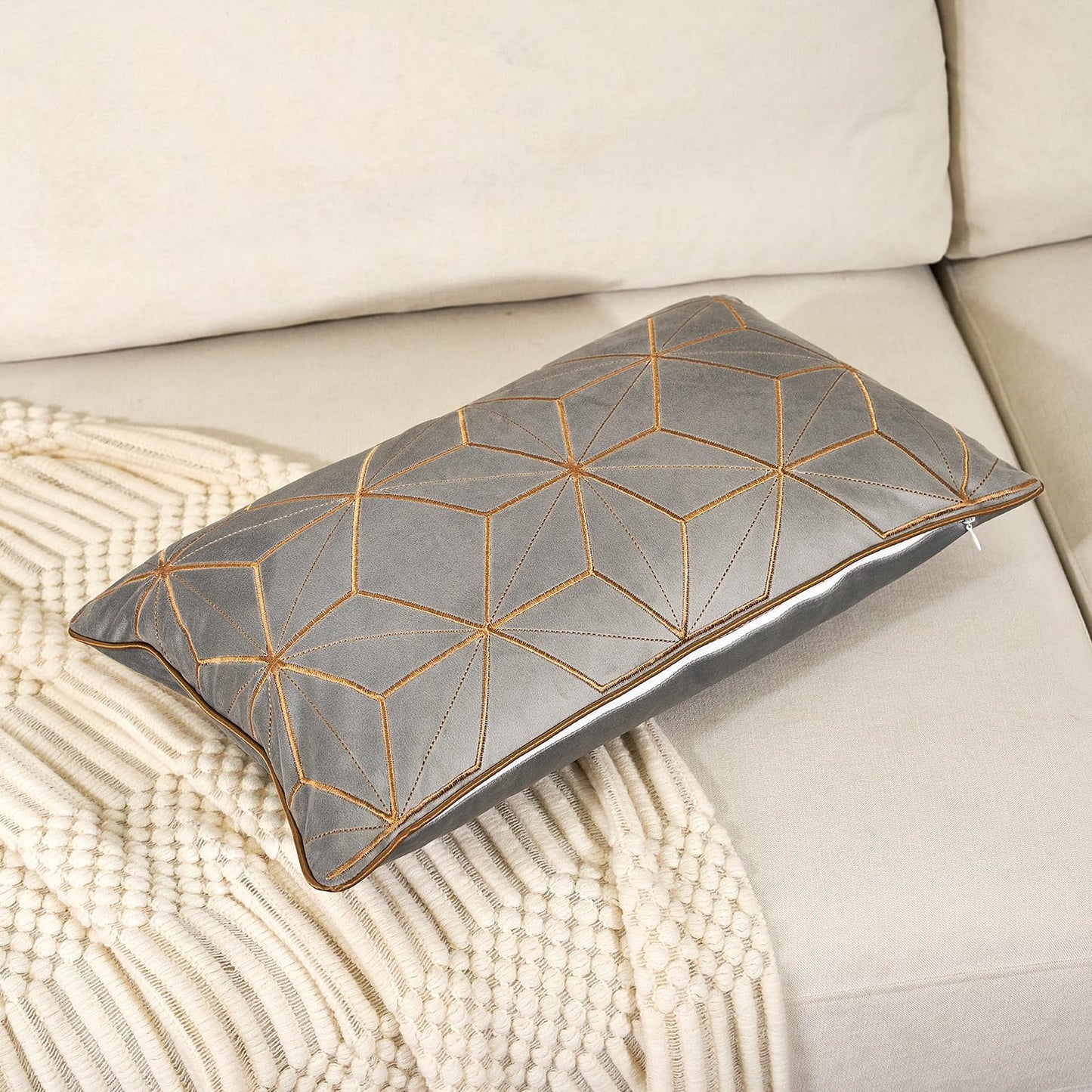 Aeckself Gray Gold Velvet Lumbar Throw Pillow Cover 12 x 20 Inch, Embroidery Rectangle Modern Plaid Accent Pillow Cover with Stitched Edge Decorative Oblong Cushion Case for Couch Living Room Bedroom