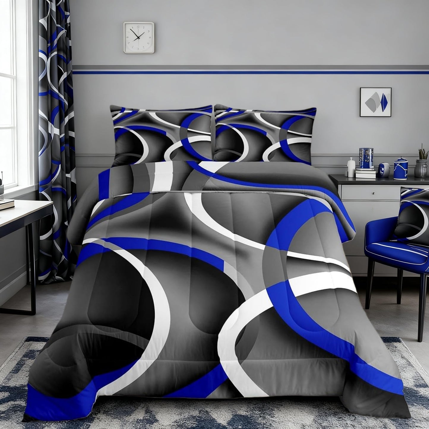 Stripes Comforter Set Queen Kids Boys Teens Gray Black Blue Swirls Room Decor Abstract Stripes Circle Bedding Set,Lightweight Modern Simple Style Duvet,Youth Young Man Quilt,1 Comforter+2 Pillowcase