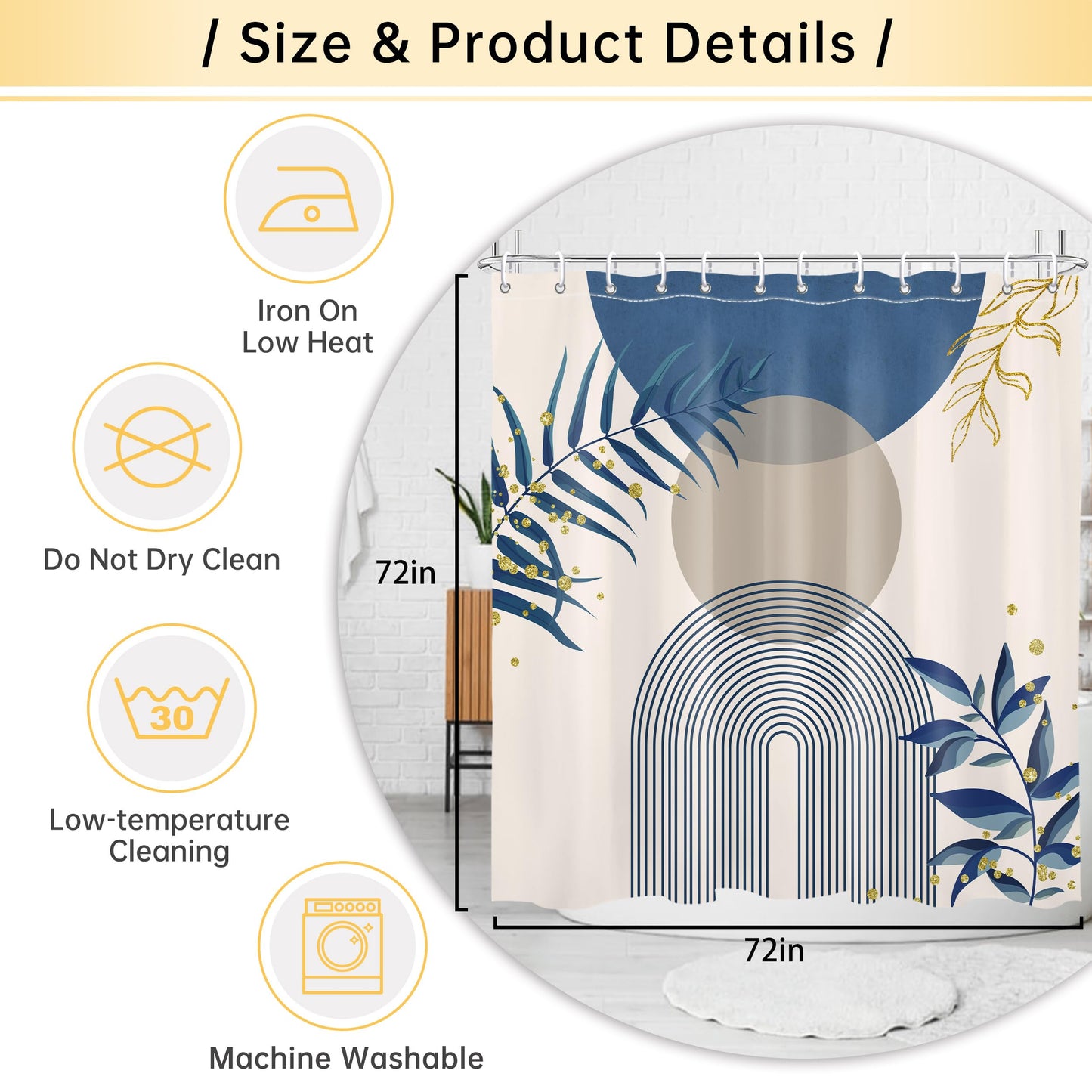 Mayormyth Boho Blue Shower Curtain Bohemian Modern Shower Curtains for Bathroom Decor Abstract Geometric Gold Plant Shower Curtain Set Polyester Waterproof Cloth Fabric with Hooks 72x72 Inches