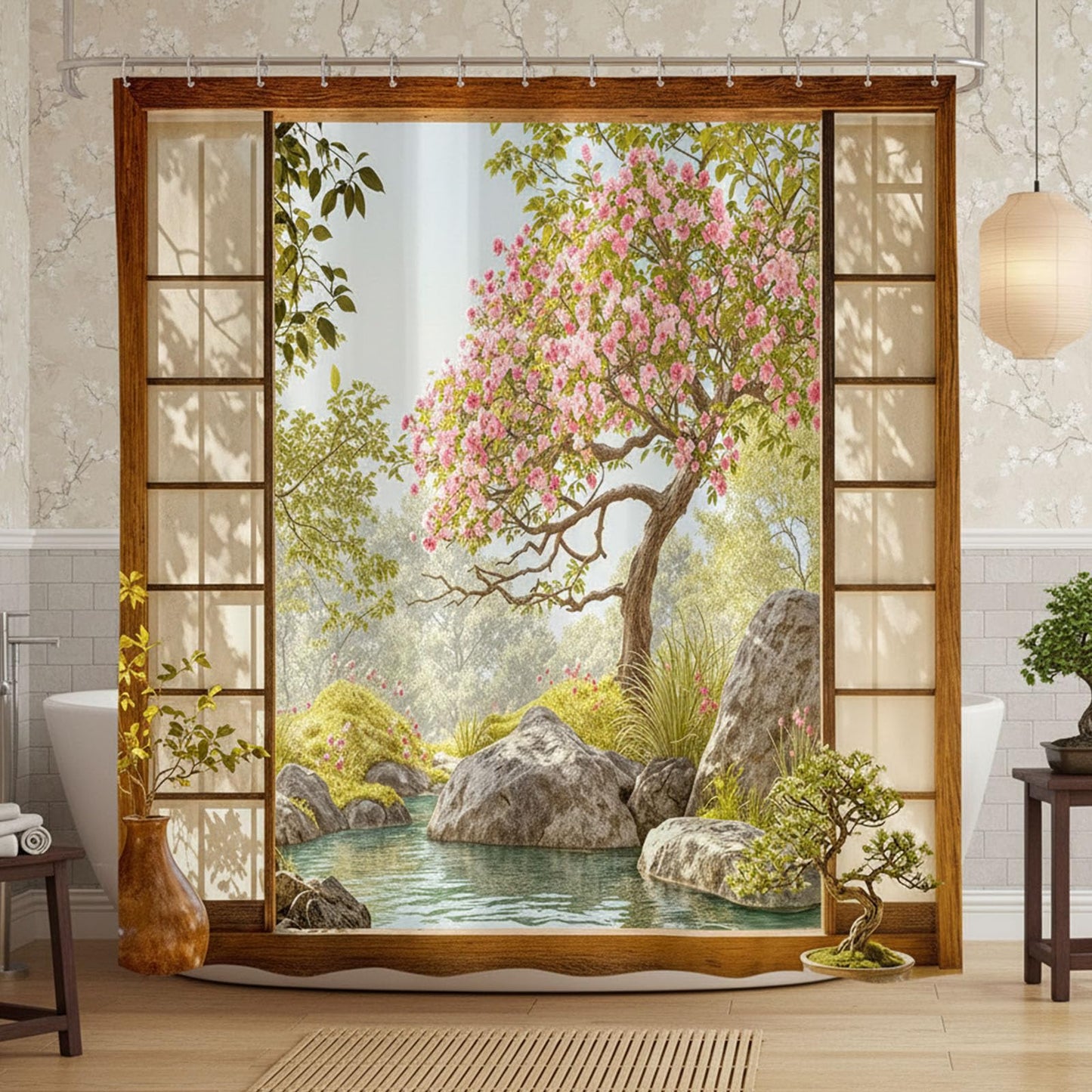 Lifeel Japanese Zen Garden Shower Curtain, Sakura Rock Pond Oriental Peaceful Scenery Bathroom, 72x72 inch