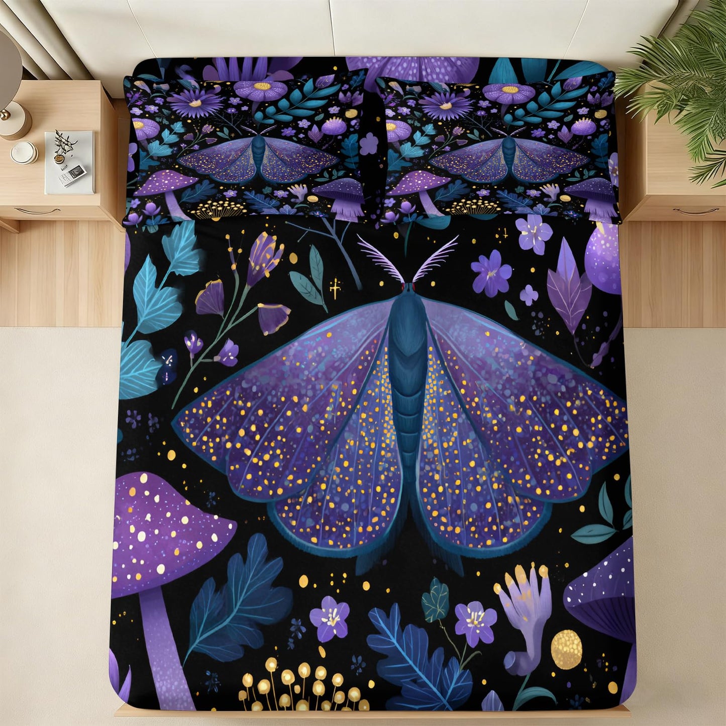 Purple Night Moth Sheet Set King for Women Girls Room, Kids Glowing Mushroom Enchanted Forest Bed Sheets Sets Exotic Floral Bedding Sheets Set Room Decor 4Pcs(Fitted & Flat Sheet+2 Pillowcases)