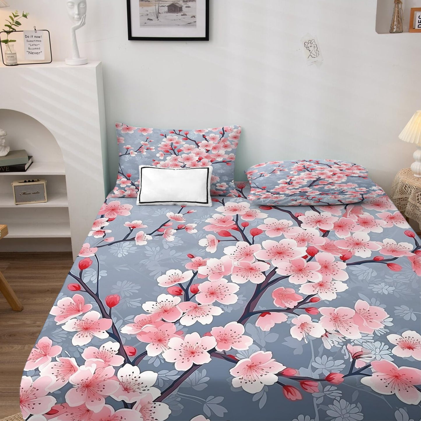 zcsm Cherry Blossom Sheets King Size - Bed Sheets, Soft Microfiber & Deep Pocket & Wrinkle Free Patterned Bedding Sheets & Pillowcases, 4 Piece (1 Fitted Sheet, 1 Flat Sheet, 2 Pillow Cases)