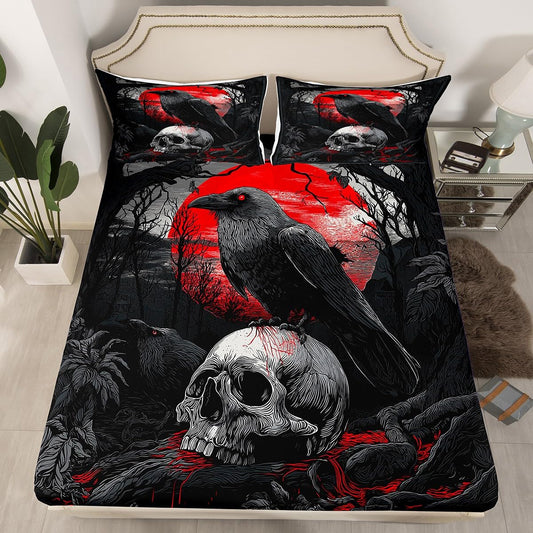 Feelyou Halloween Decor Fitted Sheet Full Size for Kids Boys Girls Halloween Crow Bed Sheets Set 16" Deep Pocket Soft Breathable Microfiber Horror Bedding with 2 Pillowcases Skull Room Decor