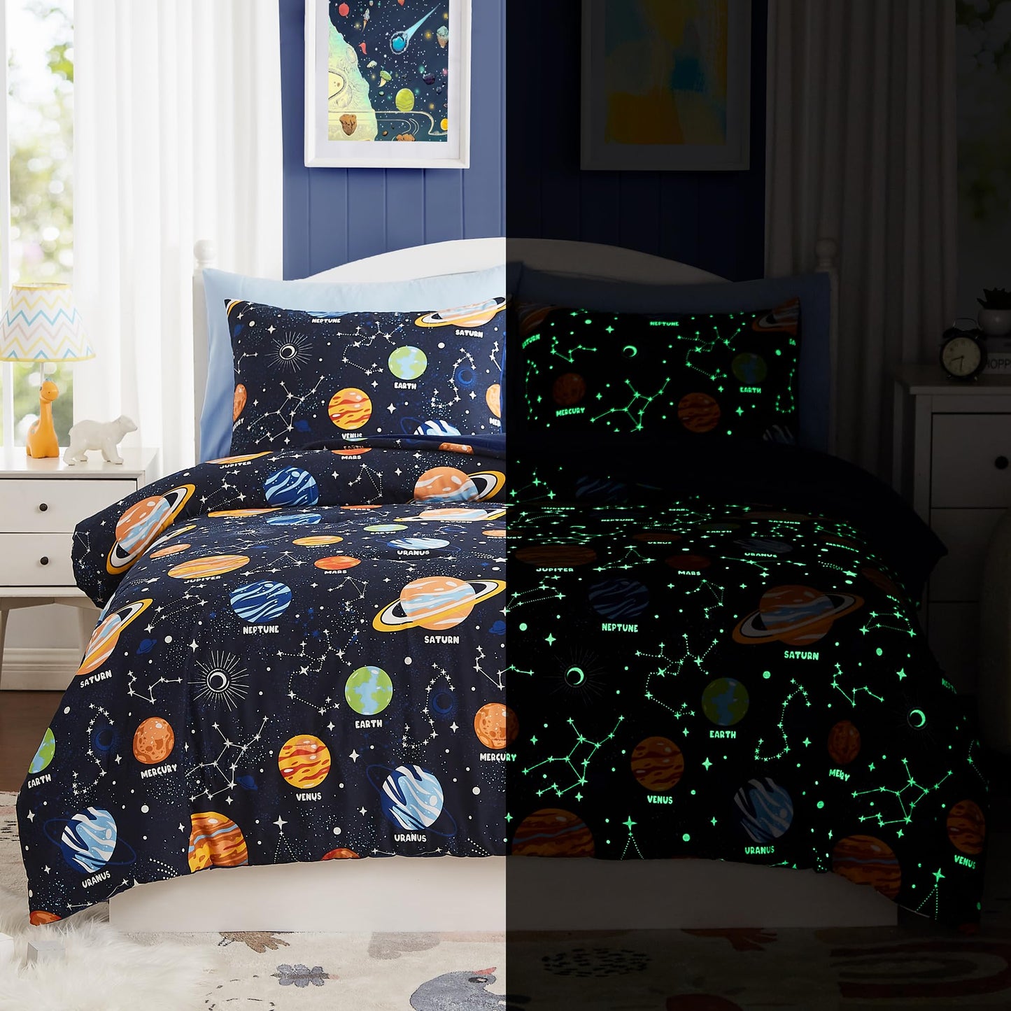 Twin Kids Comforter Set - 5 Pieces Twin Bedding Sets for Boys, Glow in The Dark Space Bed in A Bag with Sheets
