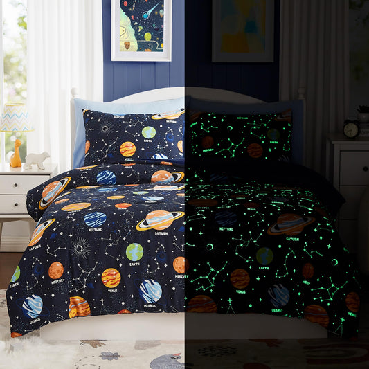 Twin Kids Comforter Set - 5 Pieces Twin Bedding Sets for Boys, Glow in The Dark Space Bed in A Bag with Sheets