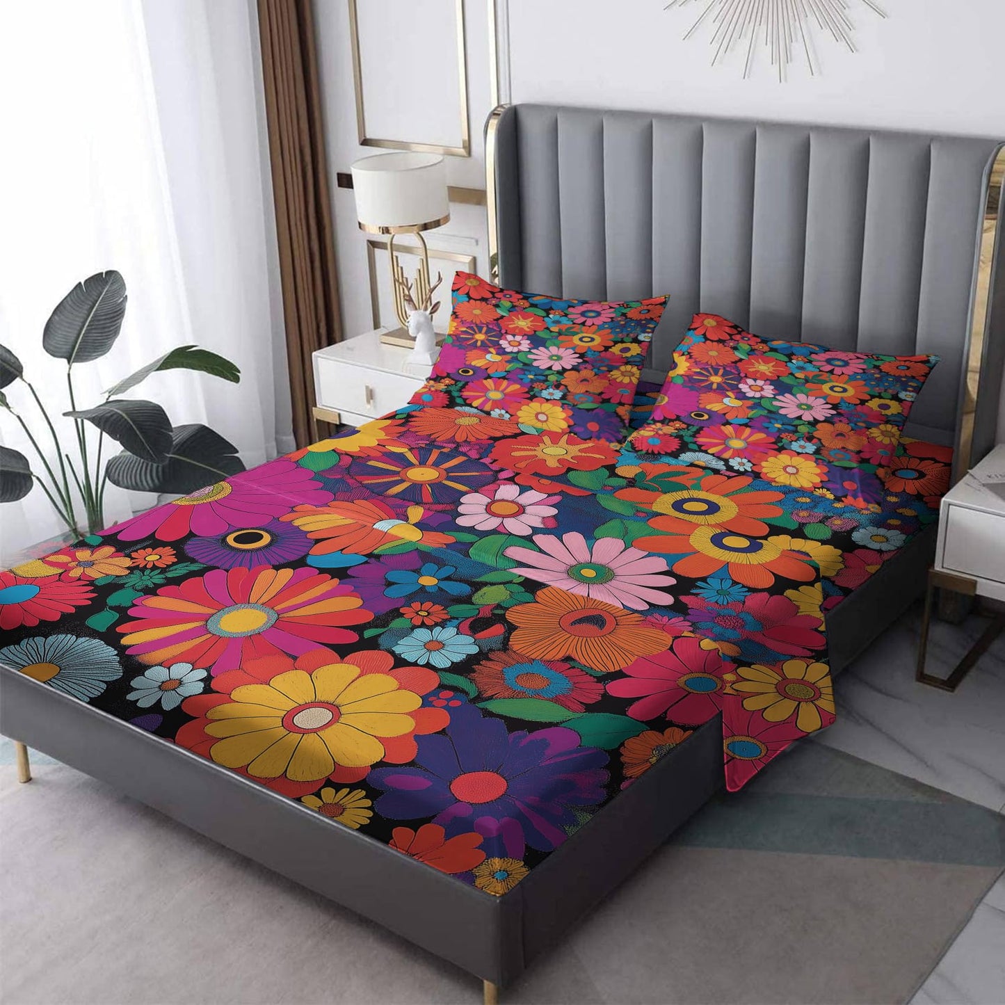 NOGAWA Retro Colorful Floral Sheets Queen, 60s 70s Hippie Bohemian Flower Bed Sheets, Deep Pocket & Soft Microfiber Bedding Sheets & Pillowcases 4 Piece - Fitted Sheet & Flat Sheet & 2 Pillow Cases