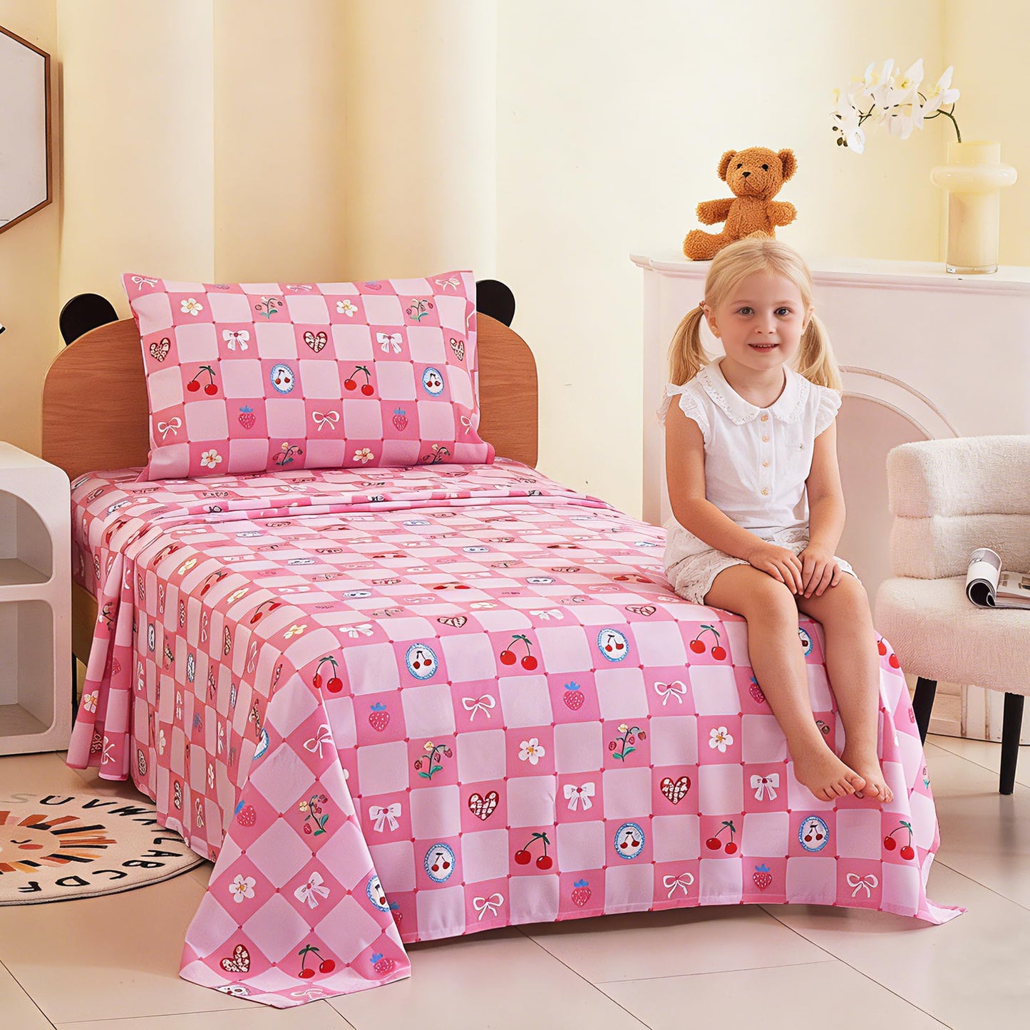 Softan Kids Bed Sheet Set, 3-Piece Twin Sheets Set, Microfiber Fitted Sheet with Corner Straps, Breathable & Silky Soft Pink Fruit Checkered Pattern Sheet and Pillowcase Sets