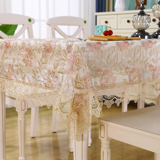 Lace Tablecloth Pink Floral Embroidered Lace Table cloth Decor Macrame Crochet Rose Tablecloth Vintage Rectangle Shabby ChicTable Cover for Dining Kitchen Summer Outdoor Holiday Birthday Party Spring