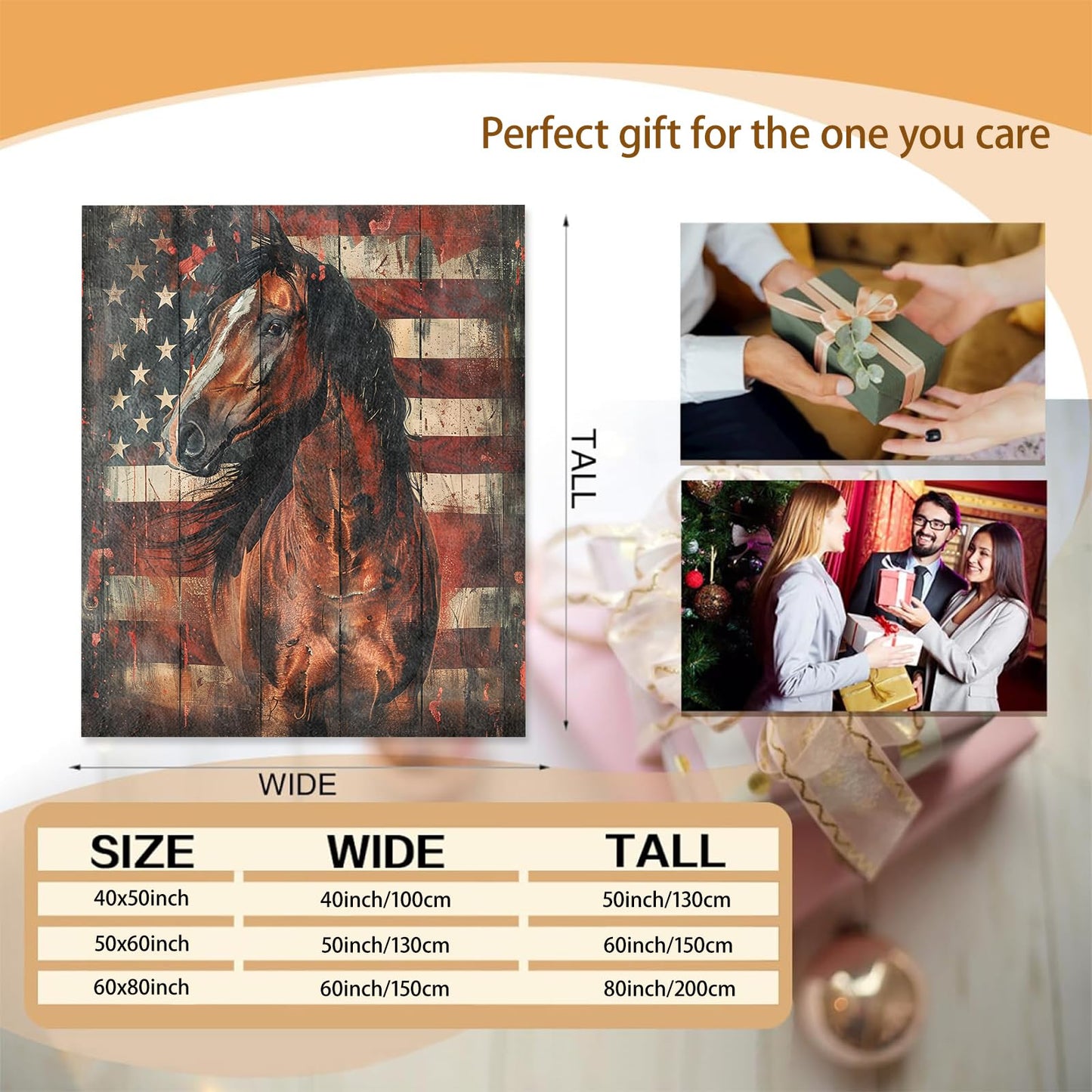 Horse American Flag Theme Blanket Gifts for Women Girls, Soft Warm Lightweight Flannel Throw Blankets for Living Room Home Sofa Travel Decor 50" x 60"