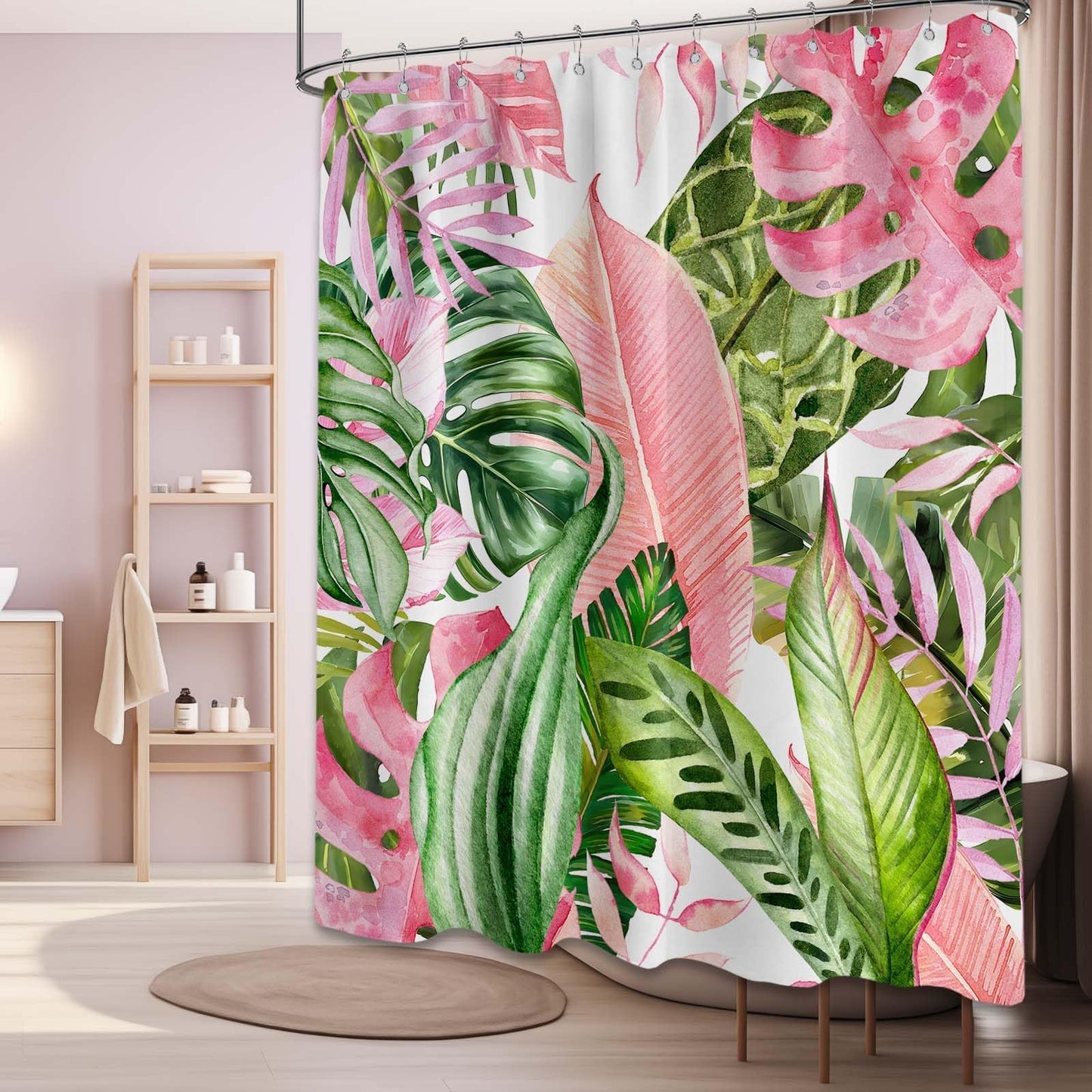 Pdvbiee Pink and Green Tropical Palm Leaf Shower Curtain, 70 X 72 Inch