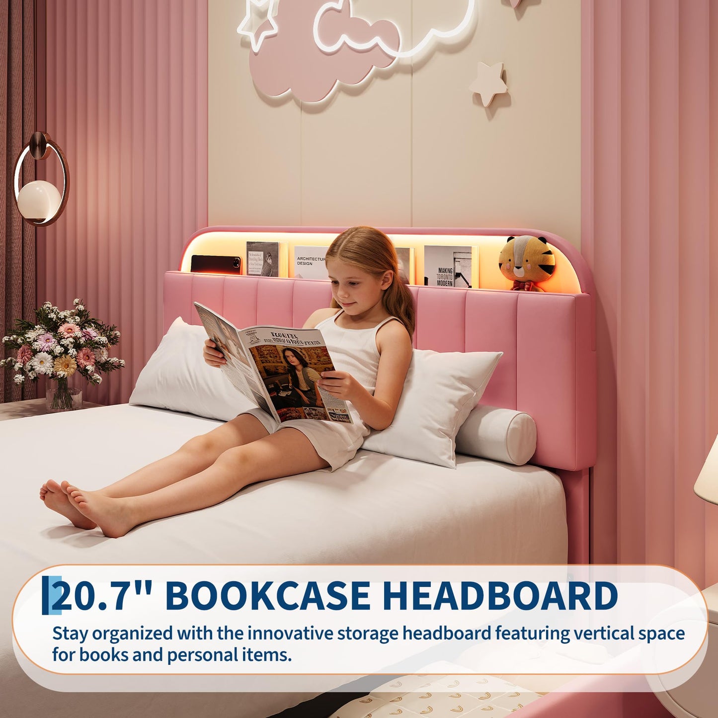 Garvee Full Size Bed Frame with 2 Flexible Drawers, Velvet Upholstered Platform Bed Frame with Bookcase Headboard and LED Lights, Kids Bed for Girls, Easy Assembly, Noise Free, Pink