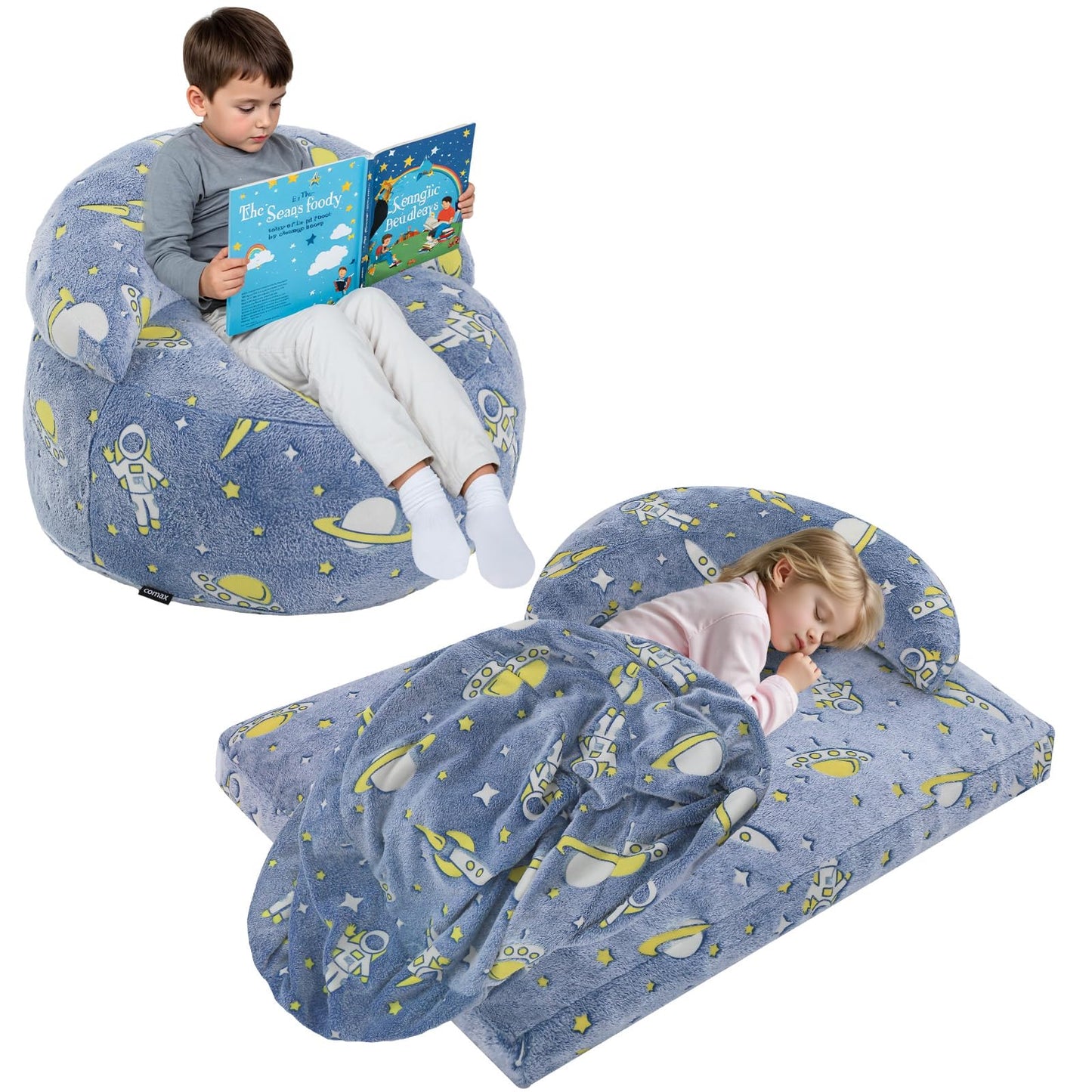 COMAX Bean Bag Chair for Kids, Dinosaur Convertible Toddler Beanbag Bed, Children Bean Chair Stuffed to Floor Mattress with Filler, Blue Universe