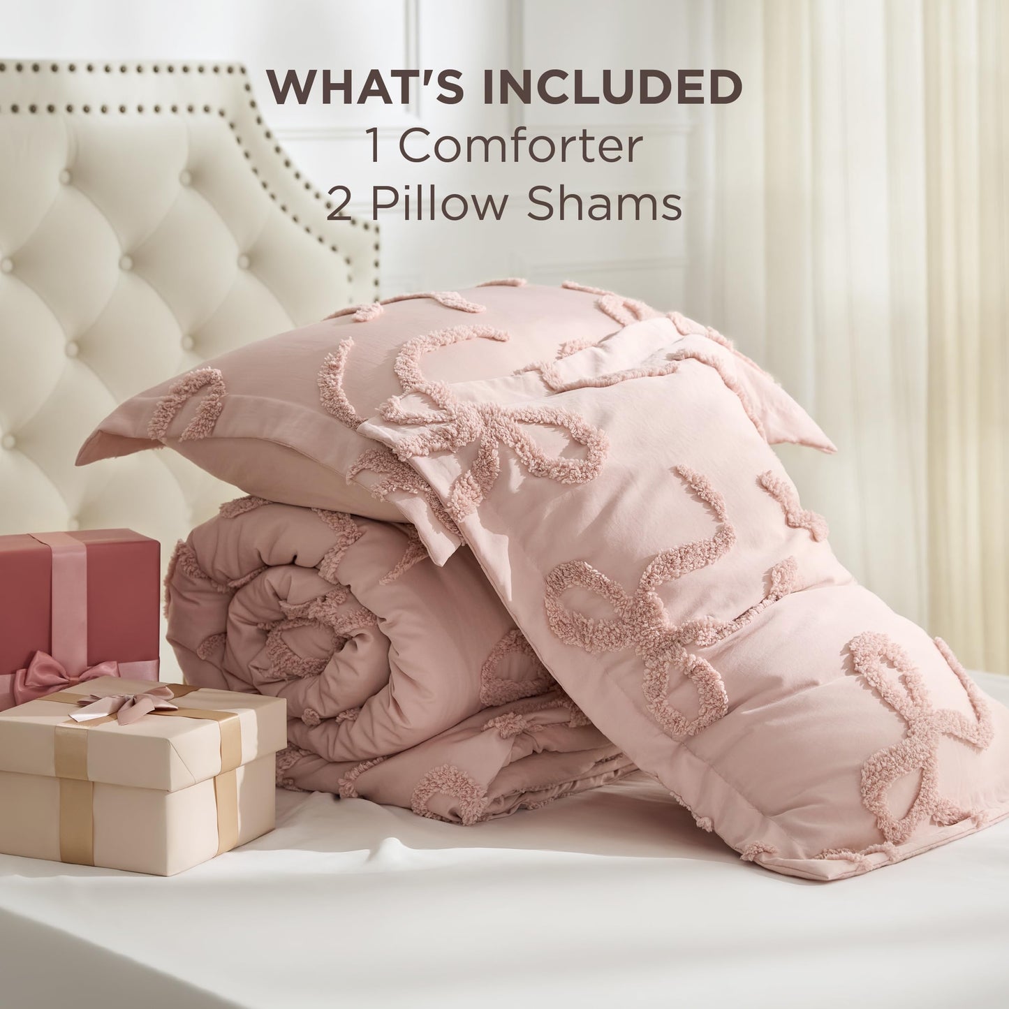 Bedsure Tufted Rose Pink King Comforter Set, GentleSoft™ 3 Pieces Bow Cute Bedding Pink Room Decor, Gifts for Girls Teens Women, All Seasons, 1 Bed Comforter, 2 Pillow Shams, 104x90 Inches