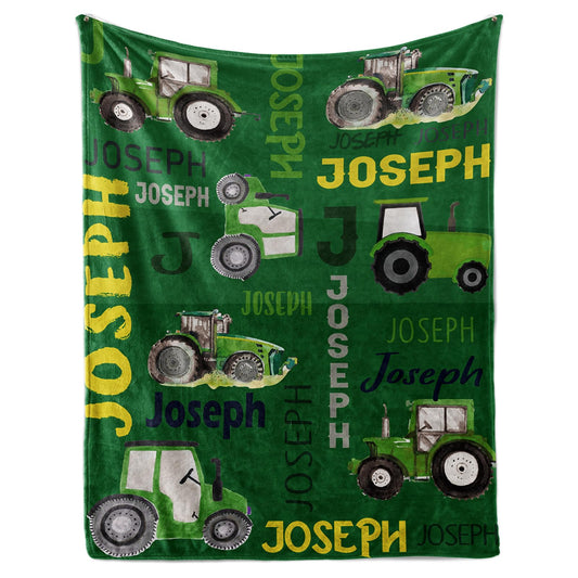Personalized Tractors Blanket - Custom Name with Farm Tractor Trucks Design - Soft Plush Flannel Bed Blanket for Baby Kid Teen Boys Girls Customized Gifts Green