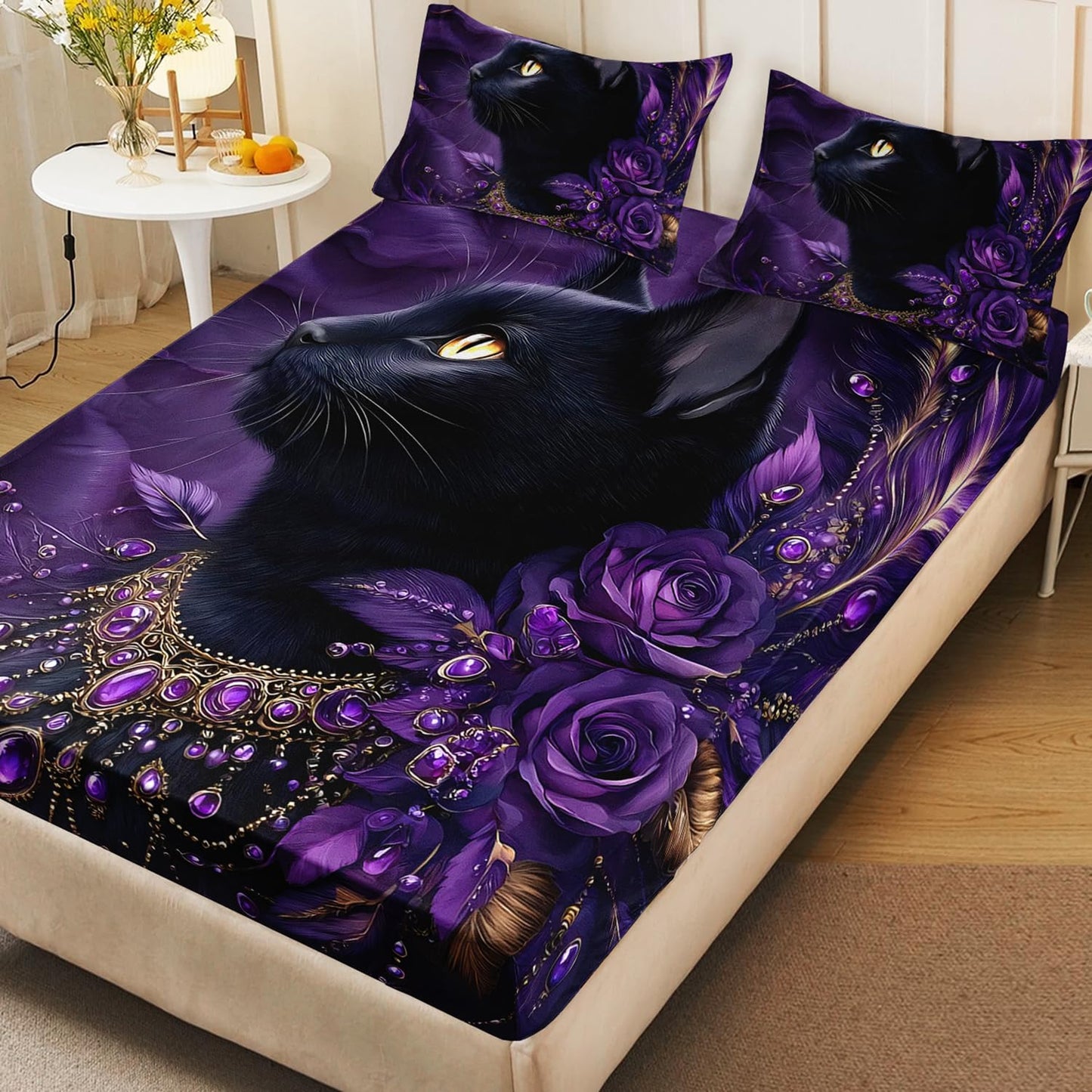 HOSIMA Cat Fitted Seet Twin,Black Cat Wearing Diamond Necklace Print Animal Bedding for Women Girls Room Decor,Flowers and Feather Pattern Aesthetic Bedding,1 Fitted Sheet+2 Pillowcases.