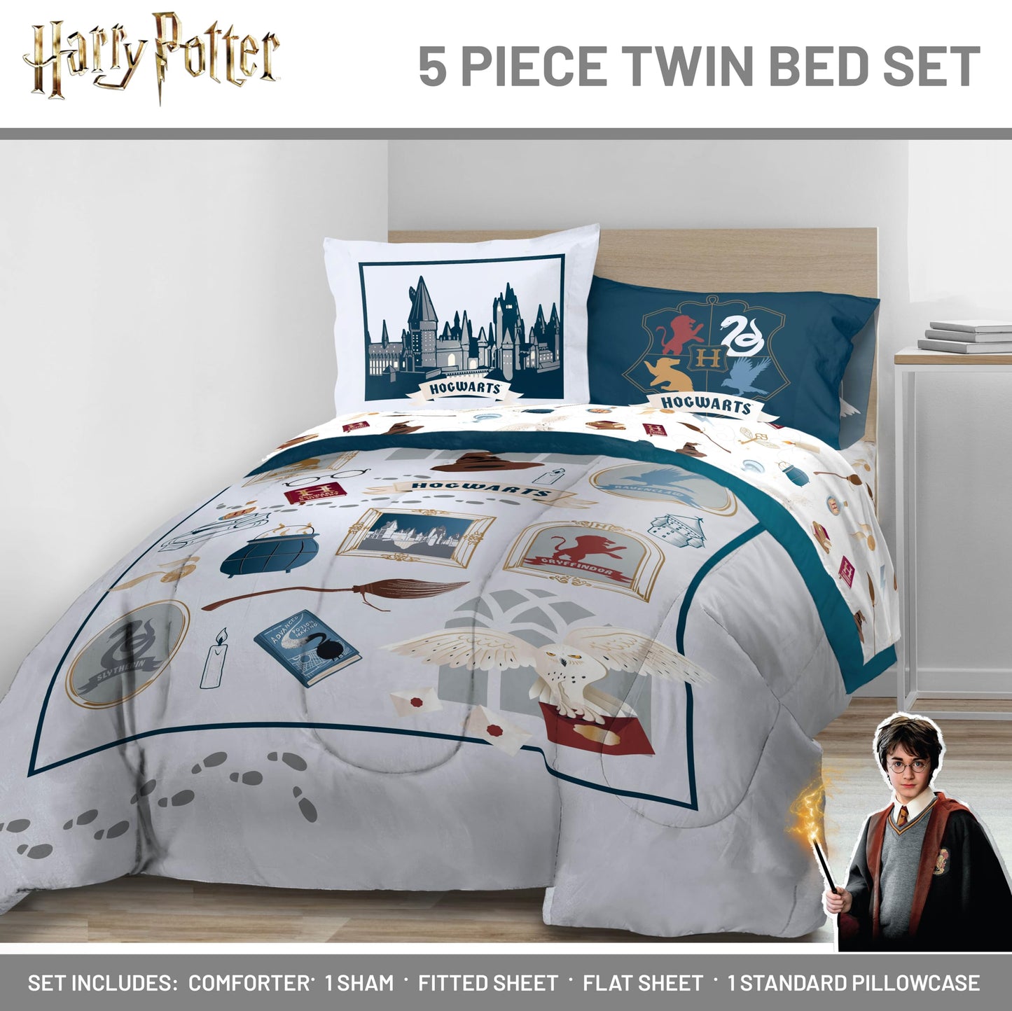 Jay Franco Kids Bed Set, Dark Grey, Harry Potter, 5 Piece Twin