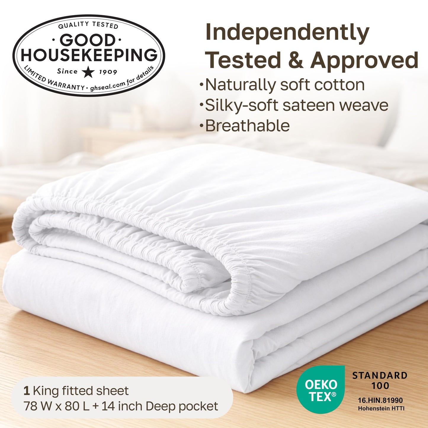 California Design Den White Fitted Sheet King, Soft 100% Cotton Sateen, Deep Pocket, Durable All-Around Elastic, Head/Foot Side Indicators, King Fitted Sheet Only
