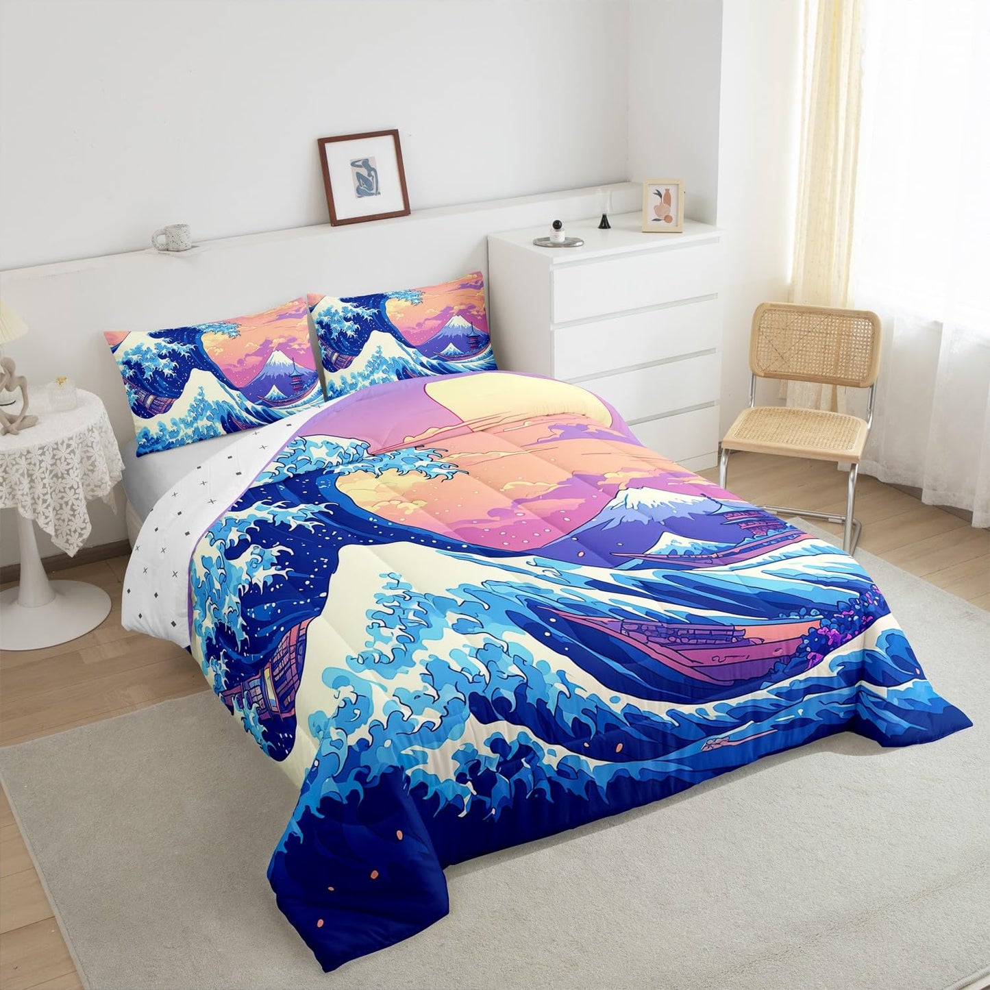 Feelyou Japanese Wave Bedding Set for Kids Boys Girls Queen Size Fuji Mountain Comforter Set Ultra Soft Japanese Style Comforter Sunset Duvet Quilt Bedroom Decor Ocean Wave Quilt