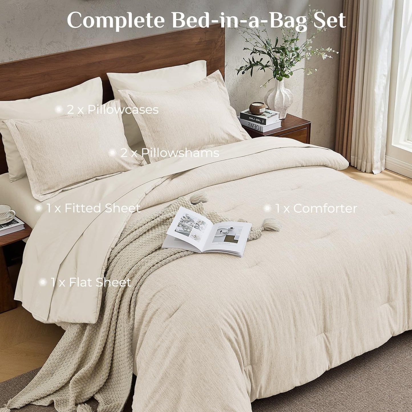 JOLLYVOGUE Queen Comforter Set, Cationic Dyeing Bed in a Bag 7 Pieces, Double-Tone Bedding Set with Down Alternative Comforter, Sheets, Pillowcases & Shams, Beige