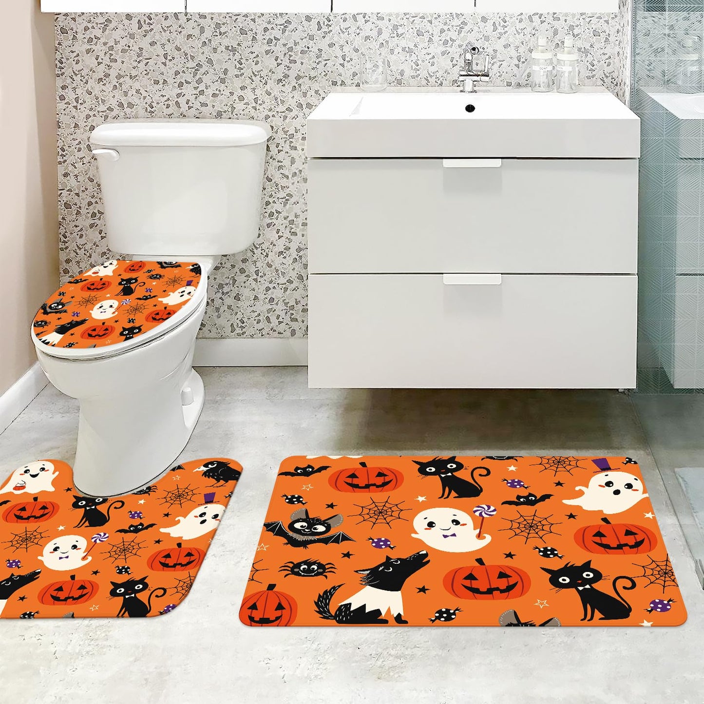 MEHOFOND 4pcs Halloween Boo Shower Curtain Set,Halloween Spooky Shower Curtain Sets,All Hallows' Eve Skull Bat Spider Bathroom Decor for Kids with Non-Slip Rugs Toilet Lid Cover and Bath Mat 72x72 in