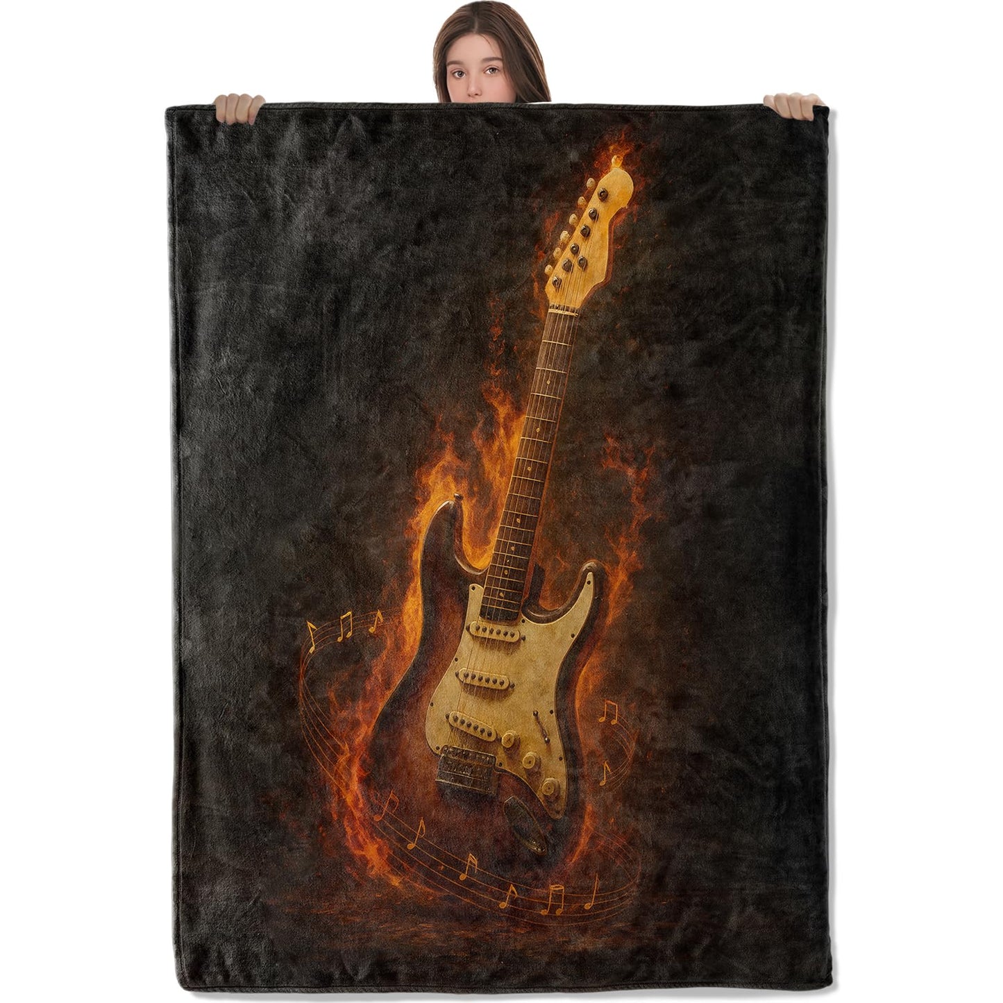 AHUCIZ Fire Guitar Lightweight Throw Blanket, Flame with Musical Notes Design, Warm Soft Cozy Flannel Blankets, Couch Bed Home Decor All Season Use, 60x50in, Black, Gifts for Musician and Music Lovers